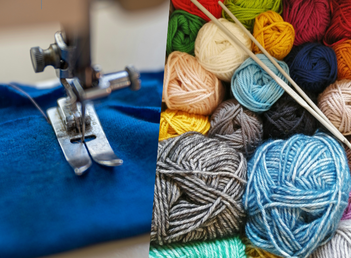Nähmaschinenfuß auf Stoff und bunte Wollknäuel