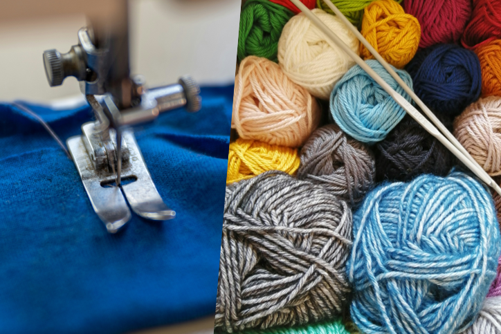 Nähmaschinenfuß auf Stoff und bunte Wollknäuel
