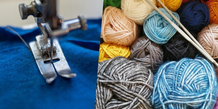 (c) Bozhin-Karaivanov und margarida-afonso auf Unsplash Nähmaschinenfuß auf Stoff und bunte Wollknäuel