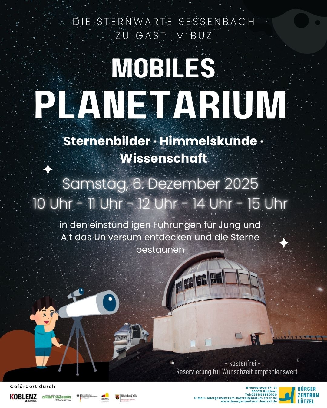 Sternwarte vor Sternenhimmel, ein Kind sieht durch ein Teleskop