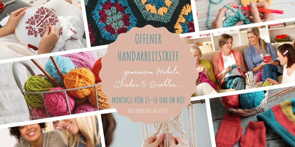 Wollknäuel, Strickarbeiten und Personen bei der Handarbeit
