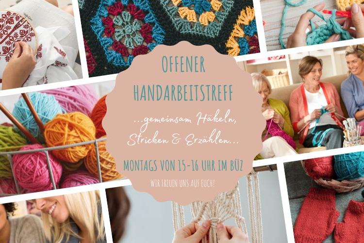 Wollknäuel, Strickarbeiten und Personen bei der Handarbeit