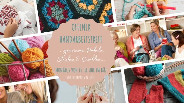 Wollknäuel, Strickarbeiten und Personen bei der Handarbeit