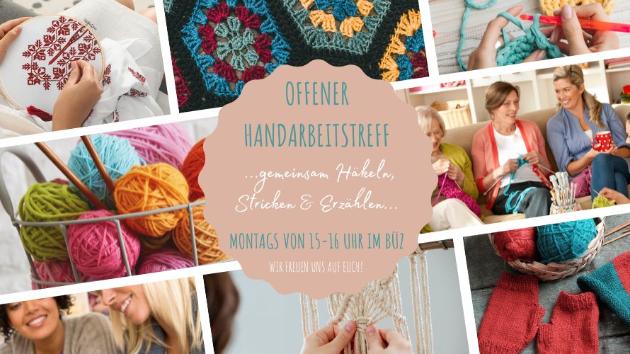 Wollknäuel, Strickarbeiten und Personen bei der Handarbeit